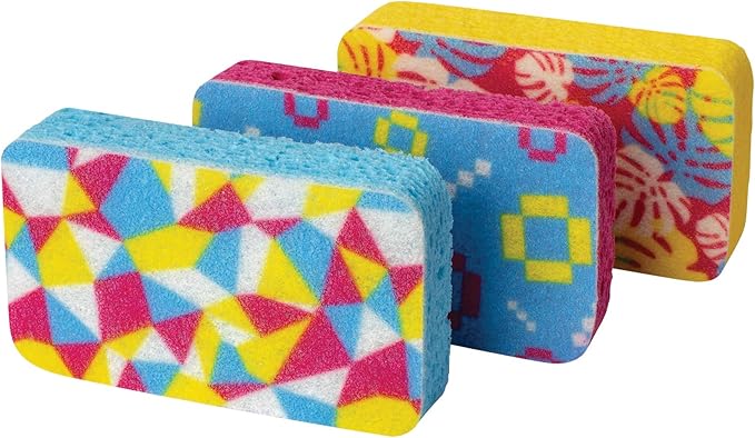 Casabella Cellulose Scrub Sponges, Plum, Lime and Orange Print , 3-Pack, Pink