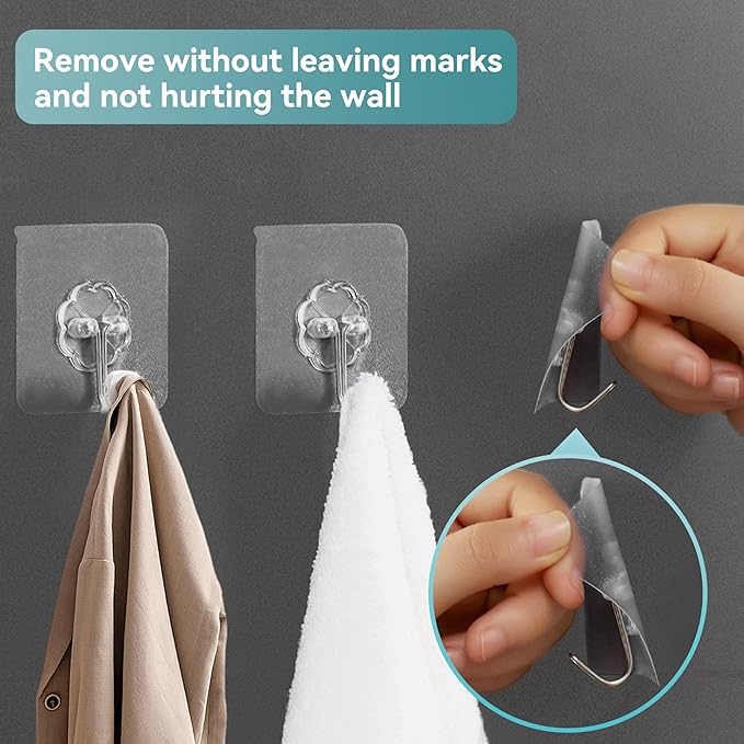 50 Pack Sticky Hooks for Hanging Heavy Duty, Wall Hook Adhesive, Transparent self Adhesive Hooks for Wall, Kitchen, Bathroom & Ceiling