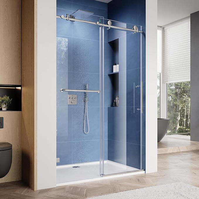 SUNNY SHOWER Frameless Shower Door 48" W x 76" H, Single Sliding Shower Glass Door, 5/16" Tempered Glass, Bathroom Sliding Door in Chrome Finish