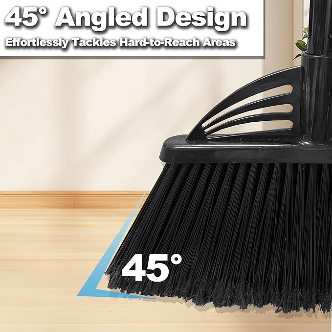 Four-Section Rod Long-Handled Broom,Heavy-Duty Broom, Angle Broom for Outdoor/Indoor（Black）