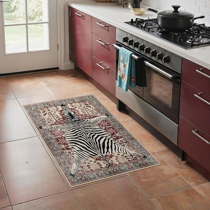 Bavni 2x3 Zebra Rug, Machine Washable Door Mat,Soft Animal Small Boho Rugs Non Slip Low Pile Non-Shedding Pet Friendly Throw Indoor Print Carpet for Entryway Front Door Bathroom,Red