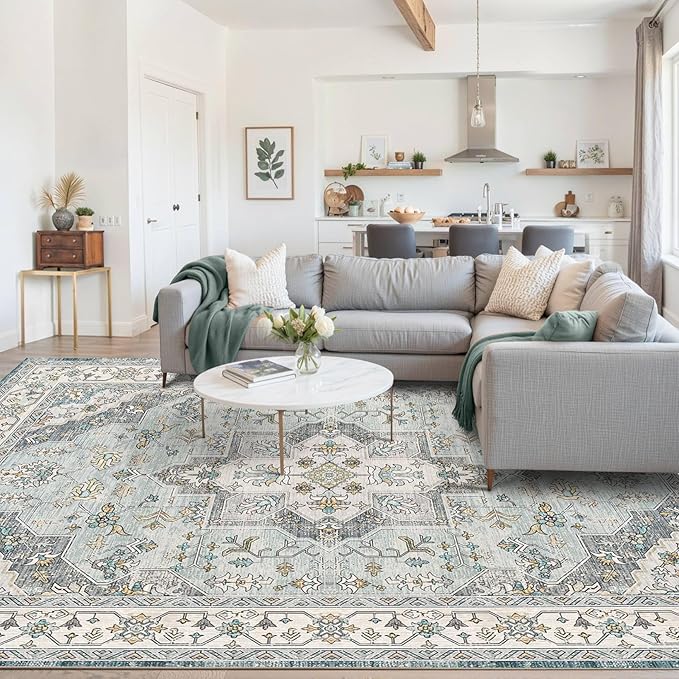 Area Rugs 5x7, Washable Rugs for Living Room, Bedroom, Blue Floral Rug, Vintage Boho Indoor Soft Carpet for Dining Room, Low Pile Rugs for Office, Farmhouse