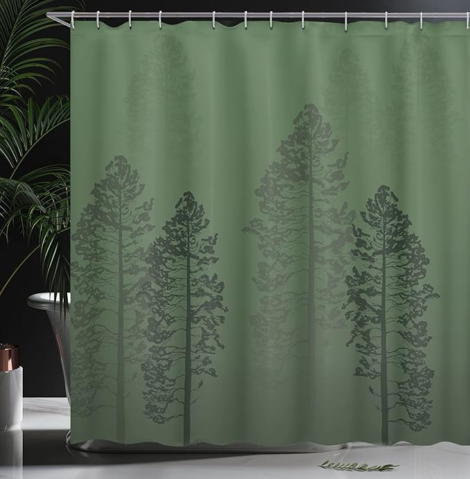 Ambesonne Country Shower Curtain, Pine Trees in The Forest on Foggy Seem Ombre Backdrop Wildlife Adventure Artwork, Cloth Fabric Bathroom Decor Set with Hooks, 69" W x 84" L, Forest Green