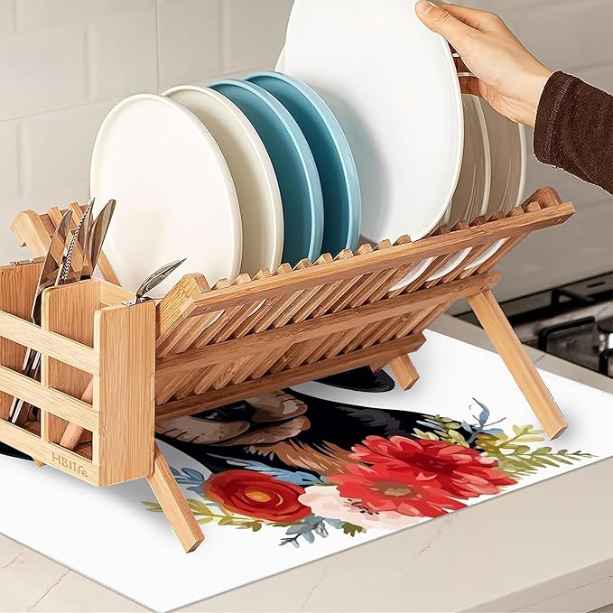 Dachshund Dog Flowers Dish Drying Rack Mat for Kitchen Counter, Dish Drying Pad Absorbent Reversible Microfiber Protector for Coffee Bar Sink Countertops 18x24 Inch