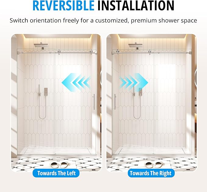 Frameless Sliding Shower Door 56–60 in W x 76 in H, 10mm Clear Tempered Glass Shower Doors Glass Sliding 60 Inches, Single Nano Coating, Stainless Steel Hardware, Silent Smooth Rollers, Brushed Nickel