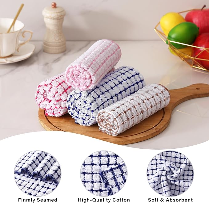 Homaxy Kitchen Towels and Dishcloths Set, 16 x 25 and 12 x 12 Inches, Set of 8 Cotton Terry Kitchen Dish Towels, Super Soft and Absorbent Dish Cloths, Blue/Pink/Red/Brown