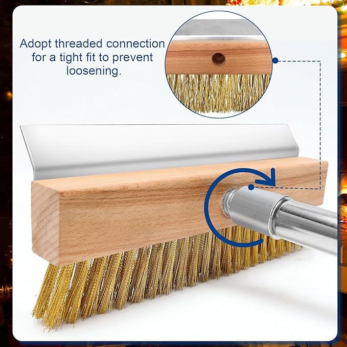 Pizza Oven Brush with Scraper and 4 Sections Detachable Long Rod and Scraper-Oven Brush for Removing Deep Burned-On Residue | Ideal for Pizza Shelf & Large Grills and Pizza Oven Accessories