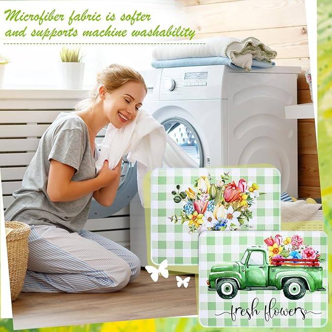 2 Pcs Dish Drying Mat for Kitchen, Spring Floral Absorbent Microfiber Dish Mat Counter 18 x 24 Inch Truck Flower Leaves Draining Green Drying Reusable Washable Pad