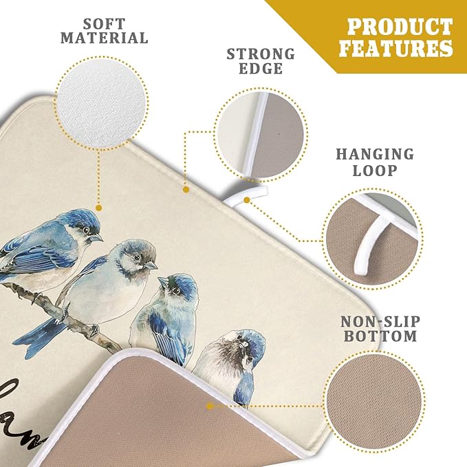 Home Blue Bird Family Dish Drying Mat for Kitchen Counter,Spring Summer Drying Mat 16 x 18 Inch with Absorbent Reversible Microfiber Drying Pad for Coffee Bar