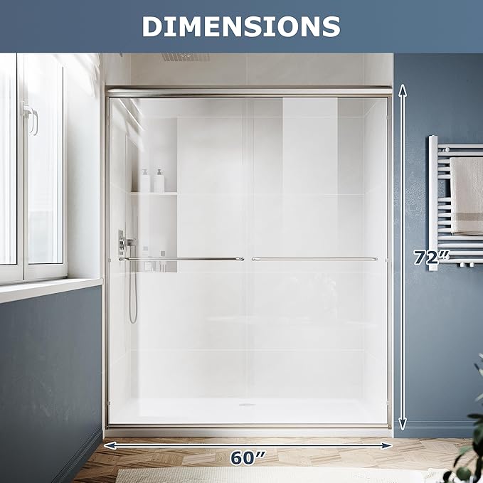 SUNNY SHOWER Double Sliding Glass Door 60" W x 72" H Shower Door 1/4" Tempered Glass Sliding Door Semi-Frameless Shower Glass Enclosure Bypass Walk in Shower Cabin, Brushed Nickel
