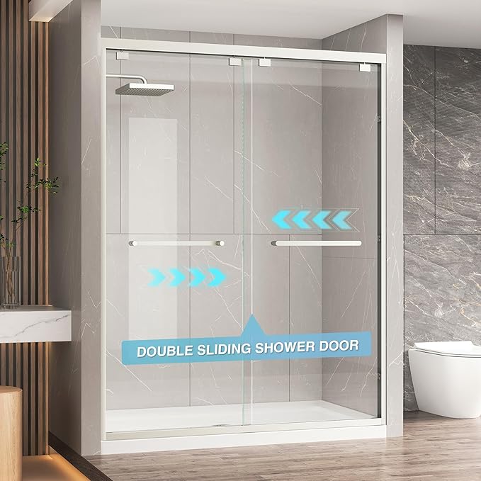 KPUY Glass Shower Door, 43-48" W x 76" H Semi-Frameless Double Sliding Shower Door, 1/4" (6mm) Thick Tempered Clear Glass with Explosion-Proof Film Nano Coating, Brushed Nickel