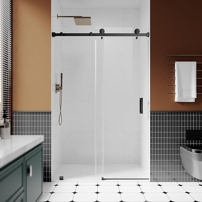 3/8" (10mm) Sliding Glass Shower Door, 50-55" W x 76" H Frameless Bathroom Door with Easy-Cleaning Coating,Matte Black