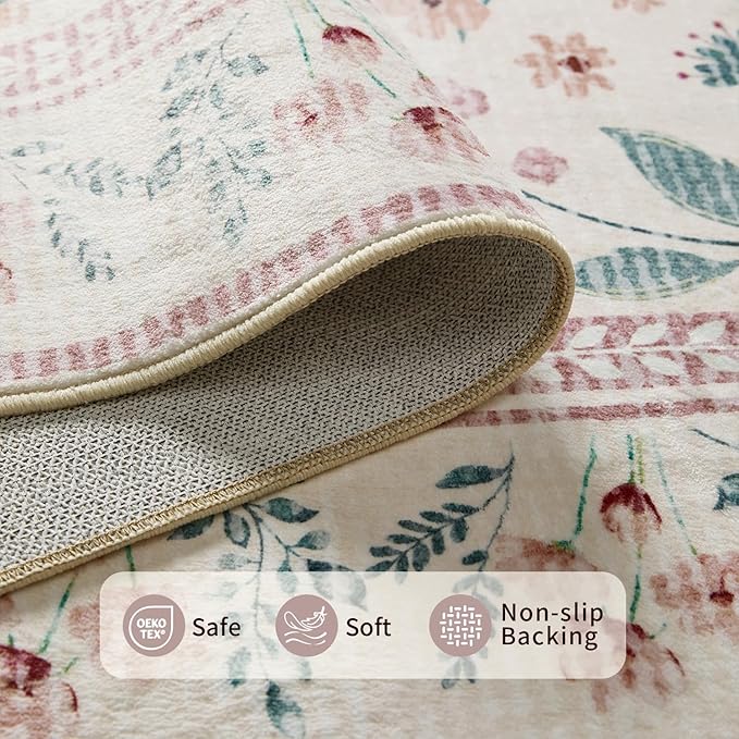 2'6" x 8' Floral Runner Rug, Washable Runners for Hallways, Pink Vintage Boho Kitchen Rugs, Non Slip Hallway Runner Carpet for Indoor Hallway, Kitchen, Laundry Room and Bathroom