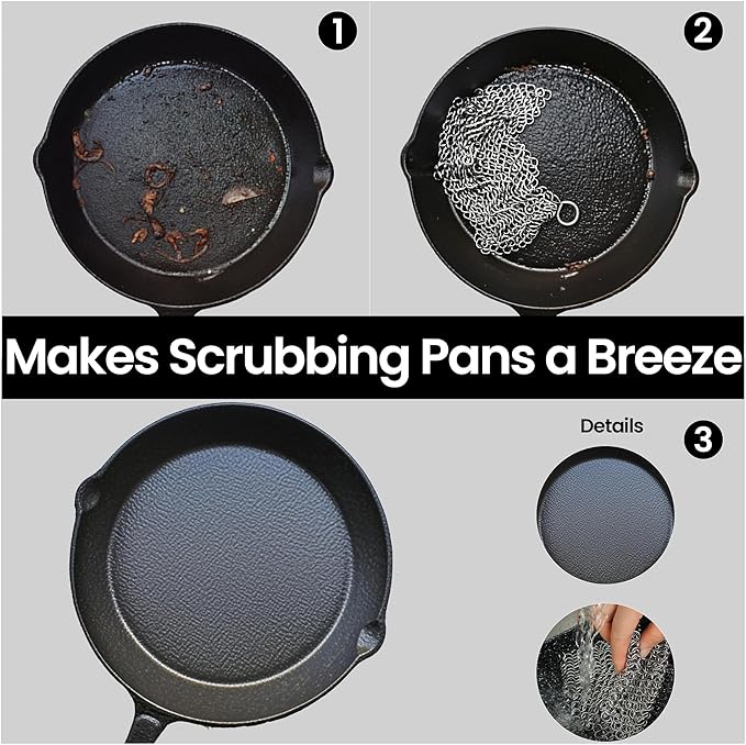 Cast Iron Scrubber 316 Stainless Steel Skillet Cleaner 8"x6" Chainmail Scrubber Scraper Chain Mail Link Scrub for Cast Iron Pre-Seasoned Pans, Griddles, BBQ Grills, and Pot Cookware Cleaning