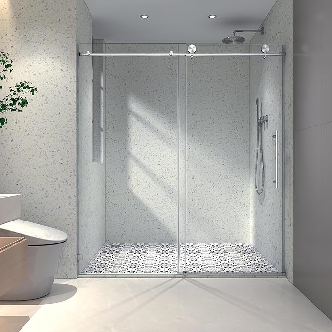 Favfurish 55"-60" W x 76" H Single Sliding Shower Door with Adjustable Soft Closing Design, Frameless Glass Shower Door with 5/16‘’(8mm) SGCC Tempered Clear Glass, Easy to Install, Brushed Nickel