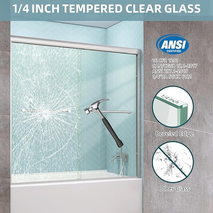 GETPRO Sliding Tub Shower Door 56-60 in. W x 58 in. H Semi-Frameless Bypass Double Sliding Bathroom Glass Door for Tub,1/4 inch Clear Tempered Glass Bathtub Door Brushed Nickel