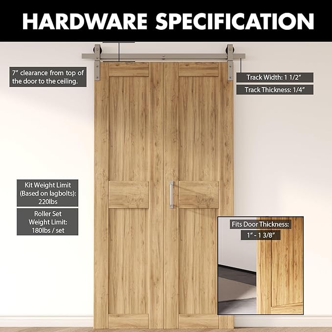 Homacer 28in Brushed Nickel Bi-Folding Sliding Barn Door Hardware Kit for 2 Doors,Heavy Duty, Quietly,Easy to Install (Door Not Included)