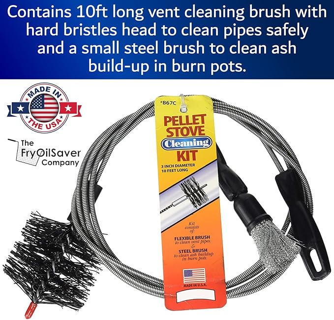 Pellet Stove & Dryer Vent Cleaner Kit – 10 ft Long Steel Flexible Brush for Fireplace Chimney, Ash, Lint & Soot Buildup Removal - Pellet Stove Cleaning Kit – B67C by FryOilSaver Co