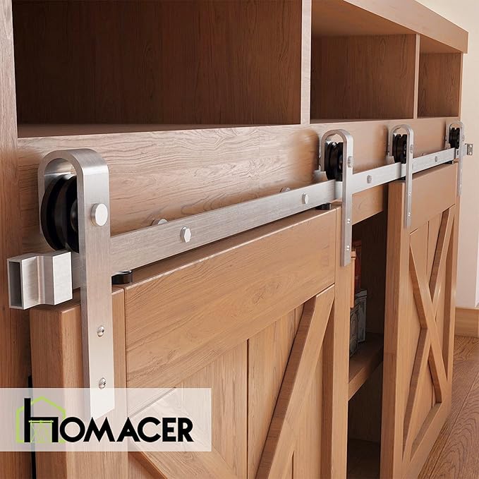 Homacer Mini Brushed Nickel Non-Bypass Sliding Barn Door Hardware Kit, for Two/Double Doors, 96-inch Long Flat Track, Classic Design Roller, Cabinet TV Stand Console Use…