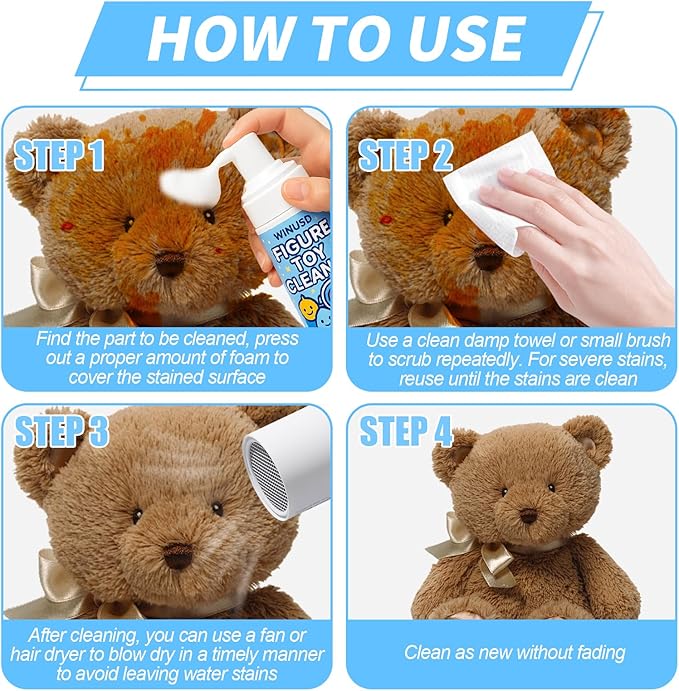 Figure & Plush Toy Cleaner - 5oz Foam Spray for Stuffed Animals & Soft Dolls with Brush & Cloth | No Rinse, Zero Residue, Color-Safe| Safe for Delicate Fabrics & Pets, Christmas Gifts for Plush Lovers