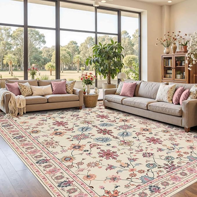 Pink Rug for Living Room Bedroom, Floral 8x10 Washable Rug,Vintage Boho Area Rug, Large Non Slip Flower Carpet for Indoor Dining Room,Girls Room,Nursery Room and Kids Room(Blush Pink 8x10ft)
