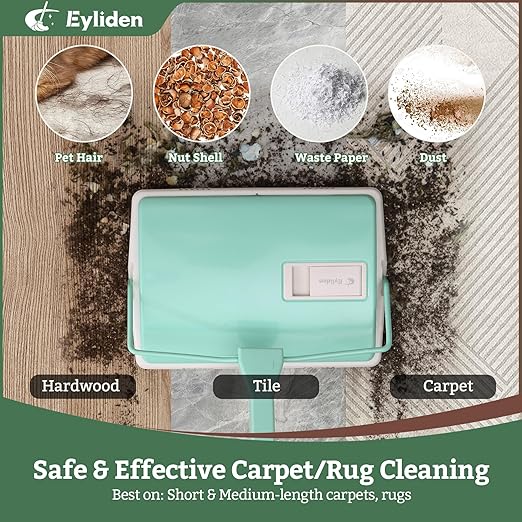 Eyliden X-Large Carpet Sweeper - Quiet Manual Sweeper for Carpets & Rugs | 1 Extra Refill Roller Brush | Non-Electric, Hand Push, Quietly Cleans Debris and Messes, Restaurant Roller Broom (Mint)
