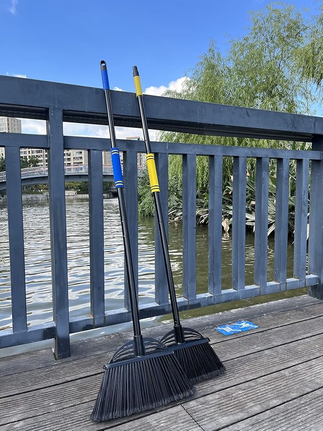 Four-Section Rod Long-Handled Broom,Heavy-Duty Broom, Angle Broom for Outdoor/Indoor（Black+Yellow）