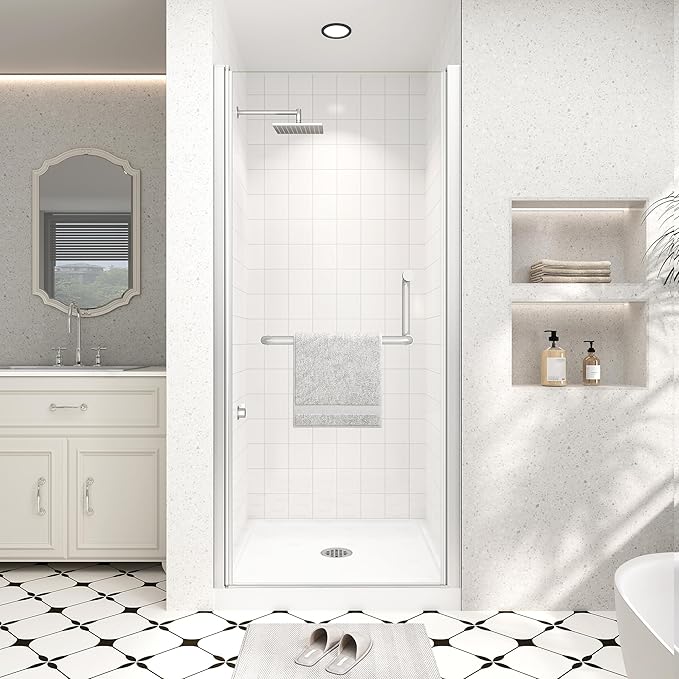 Frameless Pivot Shower Door 34"-36" Wx72 H,1/4"(6mm) Clear Nano Coated (SGCC) Tempered Glass,Reversible Swing Shower Door for Walk-in Shower,Modern Brushed Nickel Finish