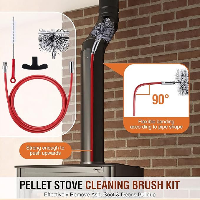 Feekoon Pellet Stove Cleaning Kit, 10 FT Flexible Steel Rod with 4" Brush Head, Flue Detail Cleaner, Pellet Stove Accessories for Vent Pipes Cleaning - Reduce Buildup & Improve Airflow
