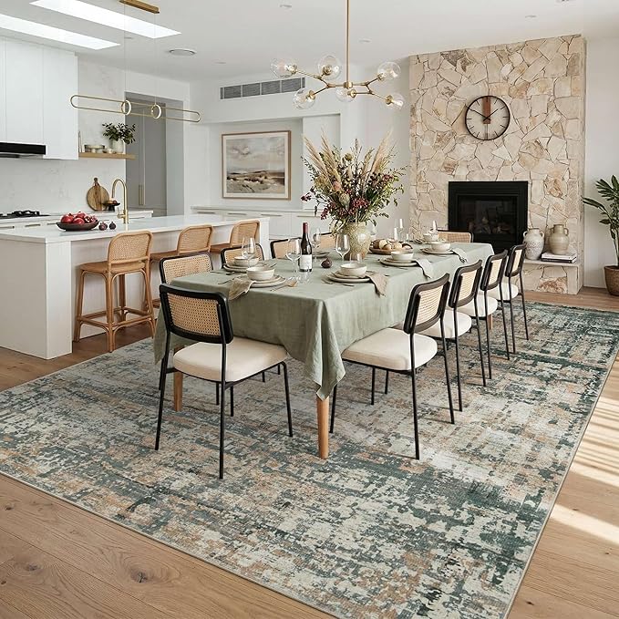 10x14 Extra Large Washable Area Rug, Soft Abstract Vintage Rug for Living Room, Bedroom, Office, Farmhouse, Low Pile Imitation Wool Non Slip Carpet Ideal for High-Traffic Areas, Moss