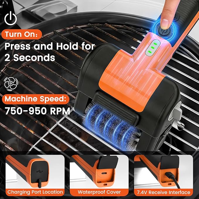 Electric Rotary Grill Brush, 950 RPM Cordless Rechargeable BBQ Tool with 4500mAh Battery, LED Light, 304 Stainless Steel Brush Head, No Preheating Grill, Heavy Duty Grill Clean Tool for Outdoor Grill