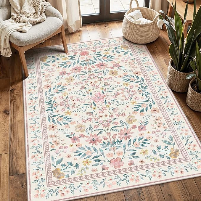 3x5 Rug for Entryway Bedroom, Pink 3x5 Washable Area Rug, Floral Vintage Retro Boho Throw Rug, Non Slip & Low Pile Small Carpet for Indoor Kitchen, Bedside, Living Room, Bathroom and Dining