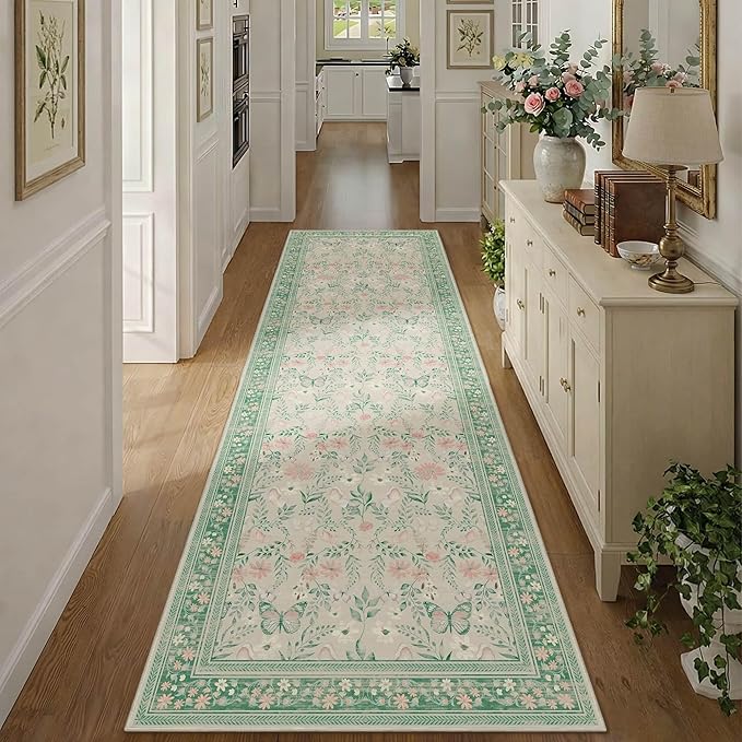 2'6" x 8' Floral Runner Rug, Washable Runners for Hallways, Green Vintage Boho Kitchen Rugs, Non Slip Hallway Runner Carpet for Indoor Hallway, Kitchen, Laundry Room and Bathroom