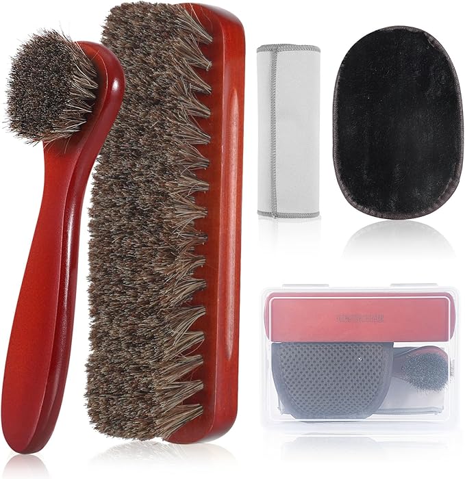 5 Pcs Horsehair Shine Shoes Brush Kit Polish Dauber Applicators Cleaning Leather Shoes Boots Care Brushes Suede Cleaner Brush with Microfiber Shoe (Brown)