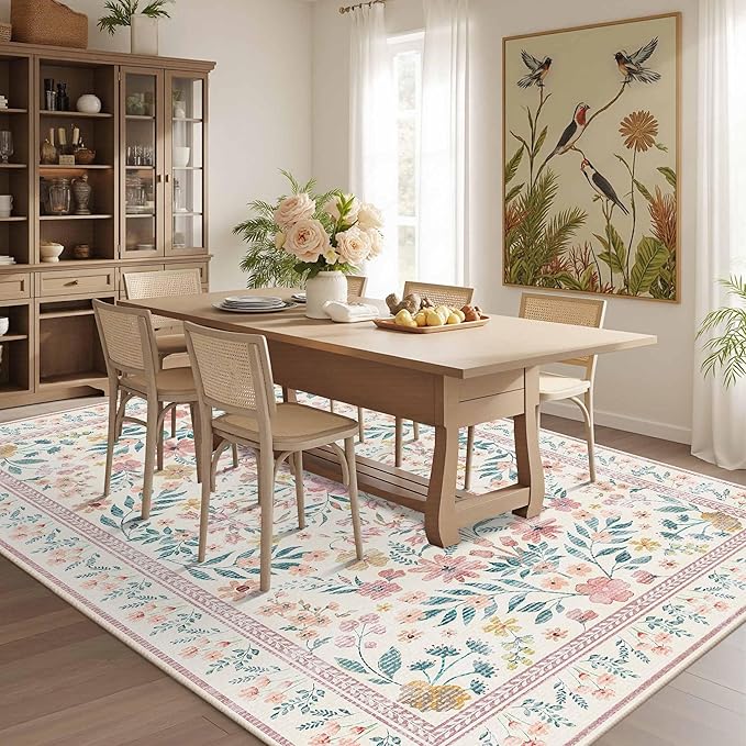 Pink Rug for Living Room Bedroom, 5x7 Washable Floral Rug, Vintage Boho Area Rug, Large Non Slip Low Pile Wool Carpet for Indoor Dining Room,Girls Room,Nursery Room and Kids Room(Pink 5x7ft)