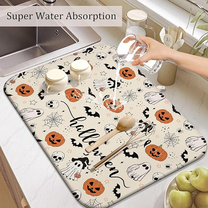 Halloween Dish Drying Mat for Kitchen Counter,Horror Halloween Pumpkin Skull Ghost Pattern Microfiber Drying Mat,Washable Absorbent Countertop Holiday Dish Mat Drain Pad,18x24Inch