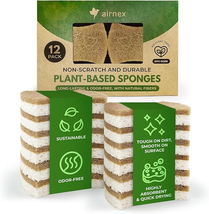 Natural Kitchen Sponges (12 Pack) - Biodegradable Cellulose & Coconut Scrubber Dish Sponge for Kitchen - Eco-Friendly, Non Scratch, Compostable, Non Toxic Natural Sponges for Dishes