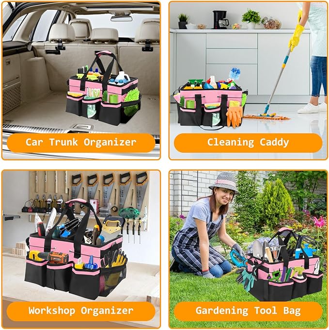 Wearable Cleaning Caddy Organizer with Handle & Shoulder Straps for Cleaners, 5 Compartments, Housekeeping Tote for Kitchen & Bathroom, Car Tool Caddy Organizer Bag (pink)