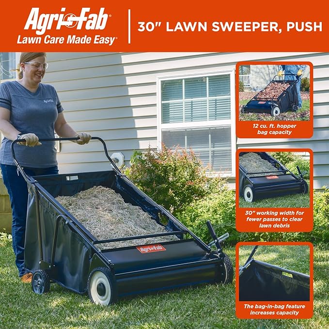 Agri-Fab 45-0570 30" Push Behind Lawn Sweeper, 12 cu. ft Hopper Bag Capacity; Leaf & Grass Catcher, with Adjustable Brush Height