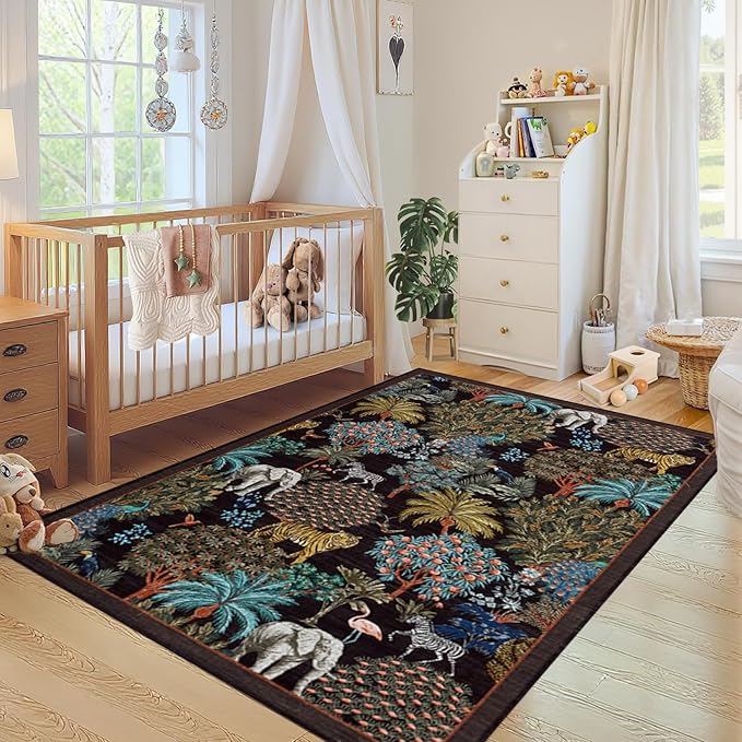 GarveeHome Jungle Animal Print Rug 4x6 Washable Area Rugs for Living Room, Forest Rug Non Slip Soft Low Pile Stain Resistance Throw Carpet for Bedroom Kids Playroom Nursery Black