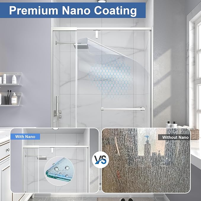 Semi Frameless Pivot Shower Door 42-48" W x 72" H, Swing Shower Glass Doors with Nano Explosion-Proof Film Tempered Glass 1/4"(6mm) Reversible Installtion, Brushed Nickel Finish