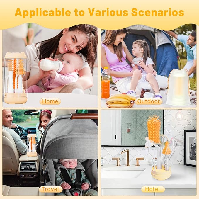 Bottle Brush Set,Travel Bottle Cleaner Kit with Baby Bottle Brush,UV Light,Straw Brush,Nipple Brush,Bottle Drying Rack for Home and Travel(Orange,Cylindrical)