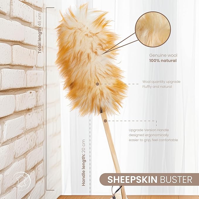 100% Sheepskin Duster with Solid Wooden Handle – Flexible Anti-Static Head, Comfortable Grip, 17.8 Inch Feather Duster for Home, Office, and Car Cleaning – Made in Argentina
