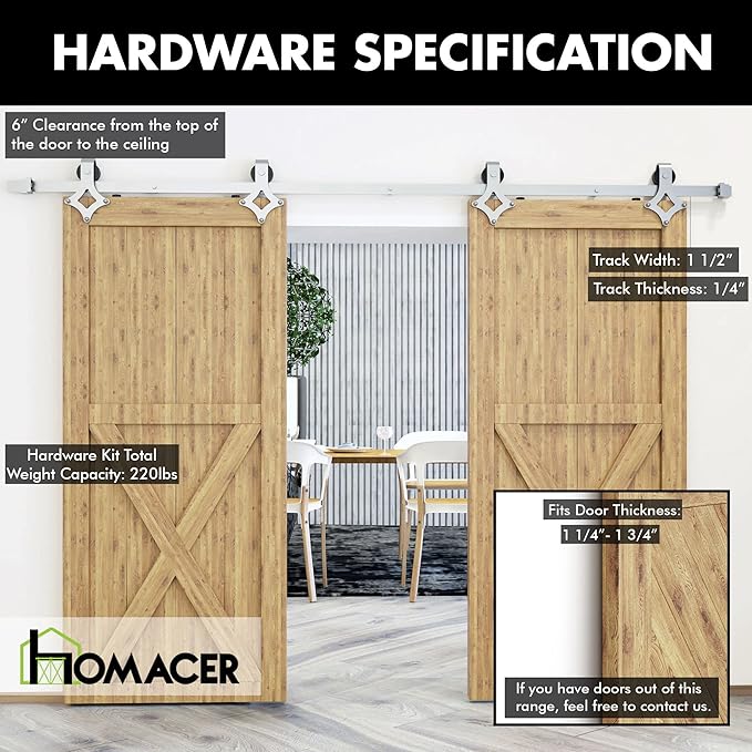 Homacer Brushed Nickel Non-Bypass Sliding Barn Door Hardware Kit, for Two/Double Doors, 6ft Long Flat Track, Diamond Design Roller, Heavy Duty, for Interior Use