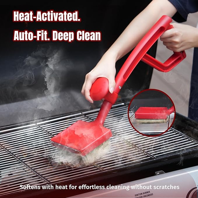Grill Brush Bristle Free with Aramid Fiber - 600°F Heat Resistant Steam Cleaning Brush, Dual Handle BBQ Grill Cleaning Brush with Scraper, Replaceable Head for Outdoor Grill Weber Traeger Grates