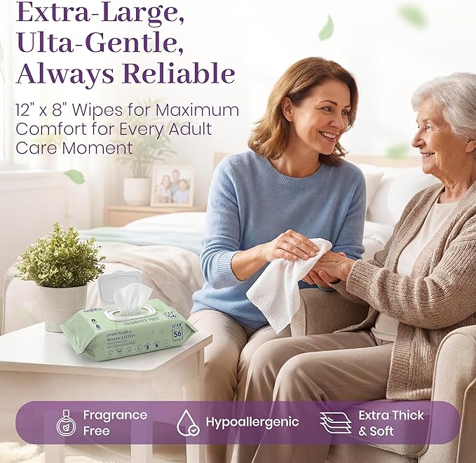 X Large Wet Wipes for Adults - 2 Packs of 56 [112 Count] Disposable Incontinence Wipes, 12" x 8" Adult Wipes for Elderly - Personal Body Wipes for Women and Men, Pre Moistened Adult Washcloths