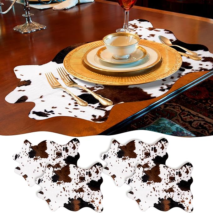 4 Pack Mini Faux Cowhide Rug, Mini Rustic Cowhide Rug Cute Rural Western Animal Pattern Decorative Rugs for Table Mat Decoration, Cowboy Parties, 19.6" W x 23.6" L