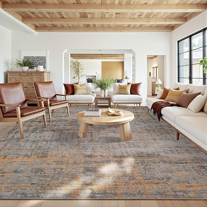 10x14 Extra Large Washable Area Rug, Soft Abstract Vintage Rug for Living Room, Bedroom, Office, Farmhouse, Low Pile Imitation Wool Non Slip Carpet Ideal for High-Traffic Areas, Taupe
