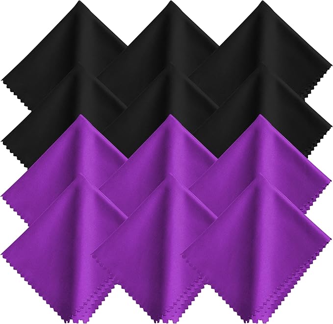 Microfiber Lens Cleaning Cloths - 12 Pack (6 Black + 6 Purple), 7x6 Inches, Individually Wrapped, Reusable, Lint-Free for Eyeglasses, Glasses, Phone Screen,Camera Lens, Watches & Electronics