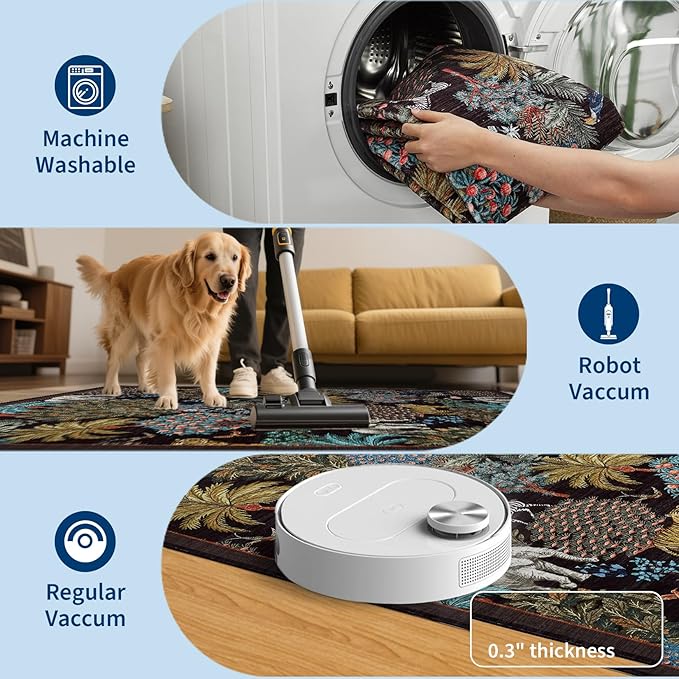GarveeHome Jungle Round Washable Rugs 6ft Non-Slip Soft Round Rug for Kids Room, Forest Animal Print Tiger Circle Carpet for Bedroom Entryway Playroom Nursery, Black